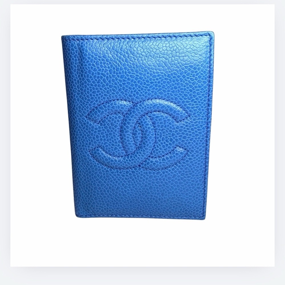 Authentic CHANEL Blue Caviar Leather Wallet Card Holder with Box & Card